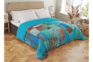 Marubhumi Quilts Indian Handmade Pure Cotton Blanket, Indian Silk Sari Patchwork, Reversible, Vintage Kantha Quilt, Comforter, Sky Blue - Twin 60 x 90 Inches