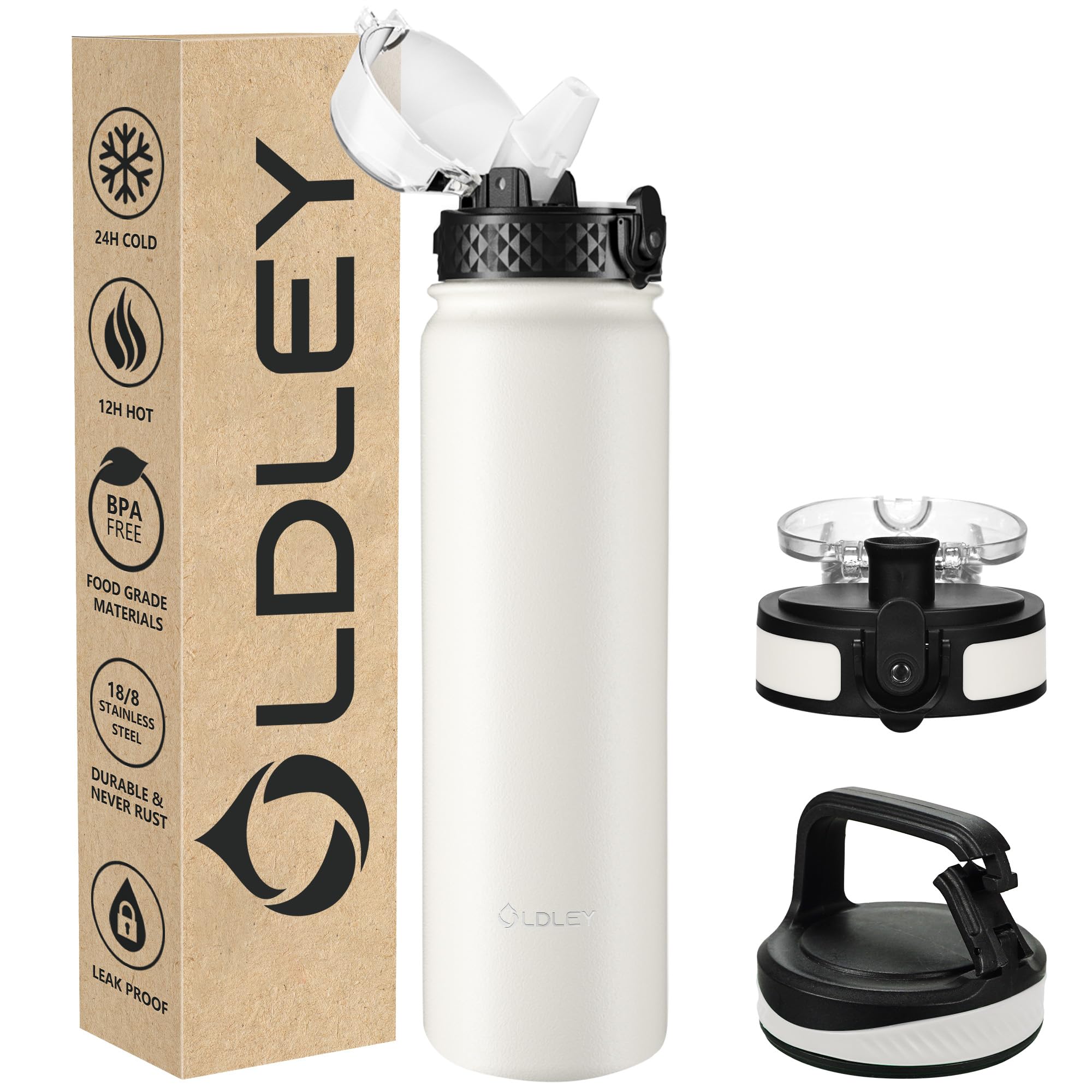 OLDLEY Stainless Steel Water Bottle with Straw 1L Vaccum Insulated Large Drink Flask Metal Water Bottles 1 Litre Leakproof Keep Drinks Hot Cold for Bike Sports Gym with Different Lids(Cream, 3 Lids)