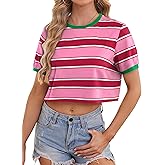 LilyCoco Womens Striped T Shirt Cotton Crop Short Sleeve Crew Neck Summer Tshirts