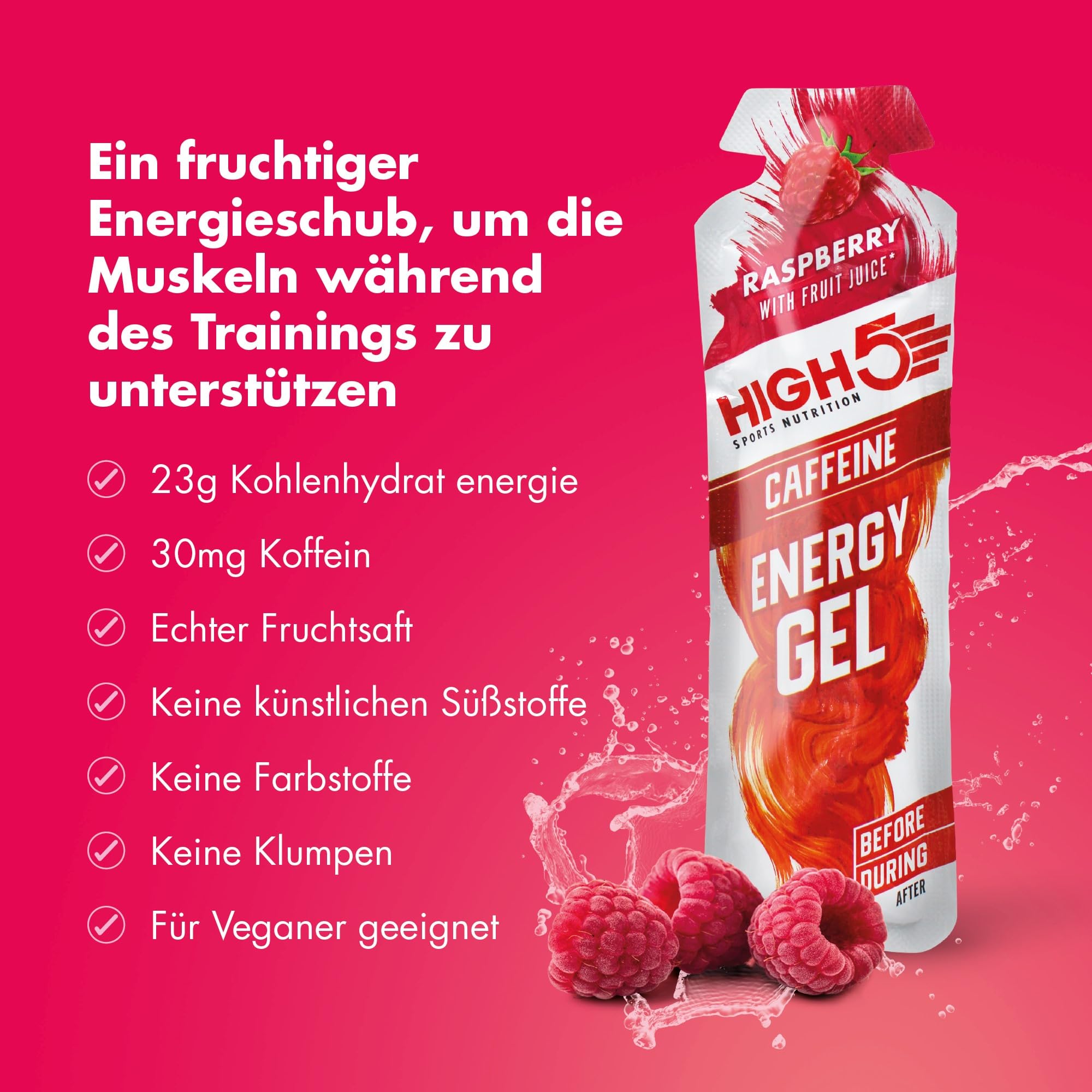 HIGH5 Energy Gel, Energie-Gel im schnell zu öffnenden Portionsbeutel, mit natürlichem Fruchtsaft | (Himbeere Koffein, 20 x 40g) 2