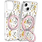Loheckle for iPhone 15 Plus/14 Plus Case with Stand- Compatible with MagSafe Women Girls Cute Clear Aesthetic Unique Design Soft TPU Built-in Stand Phone Cover for Apple 15/14 Plus, Flower Bear