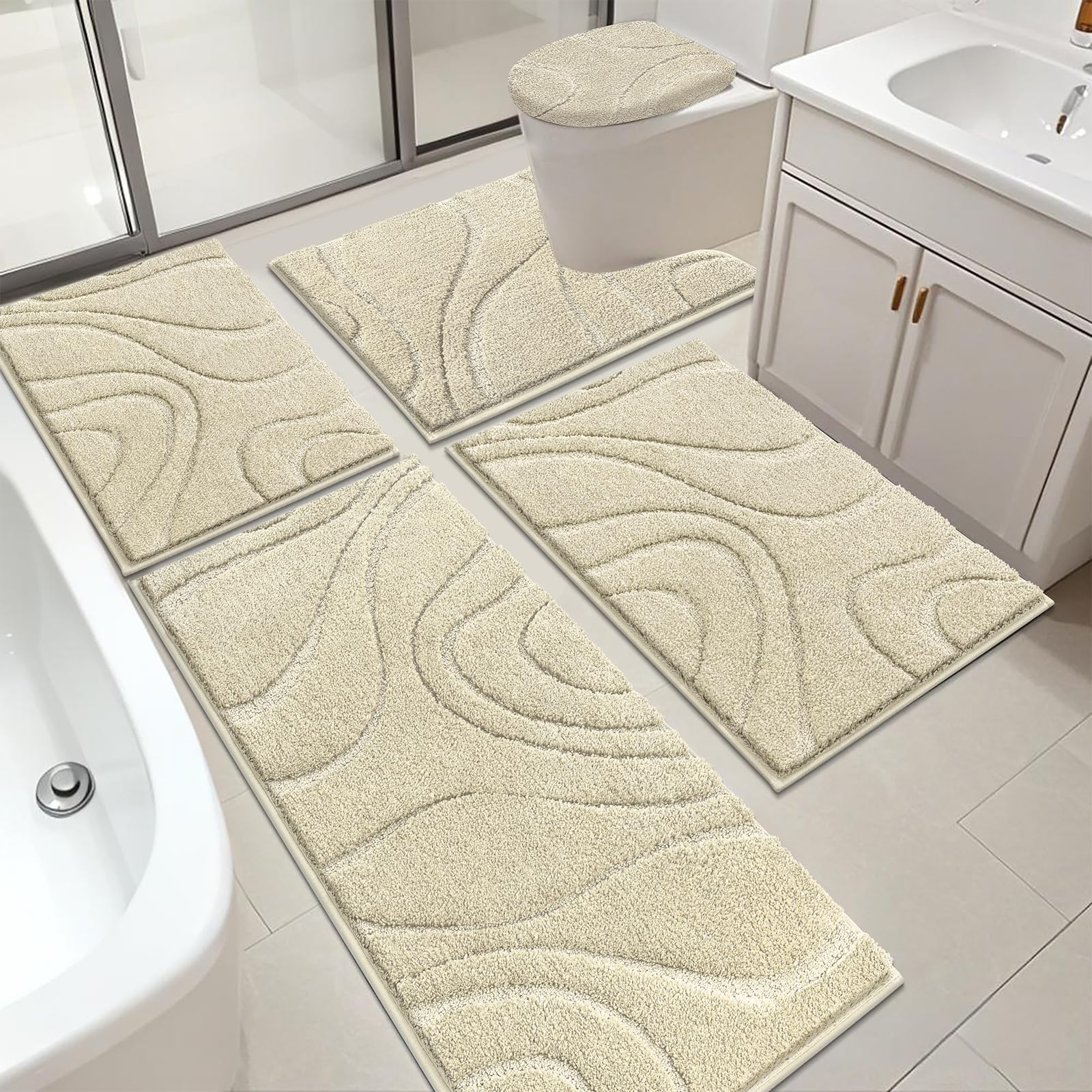 HEBE Bathroom Rugs Sets 5 Piece, Soft Absorbent Microfiber Bath Mat for Bathroom, Non Slip Washable Bath Rug Set with Toilet Cover, Bath Runner and U-Shaped Contour Toilet Rug, Light Beige