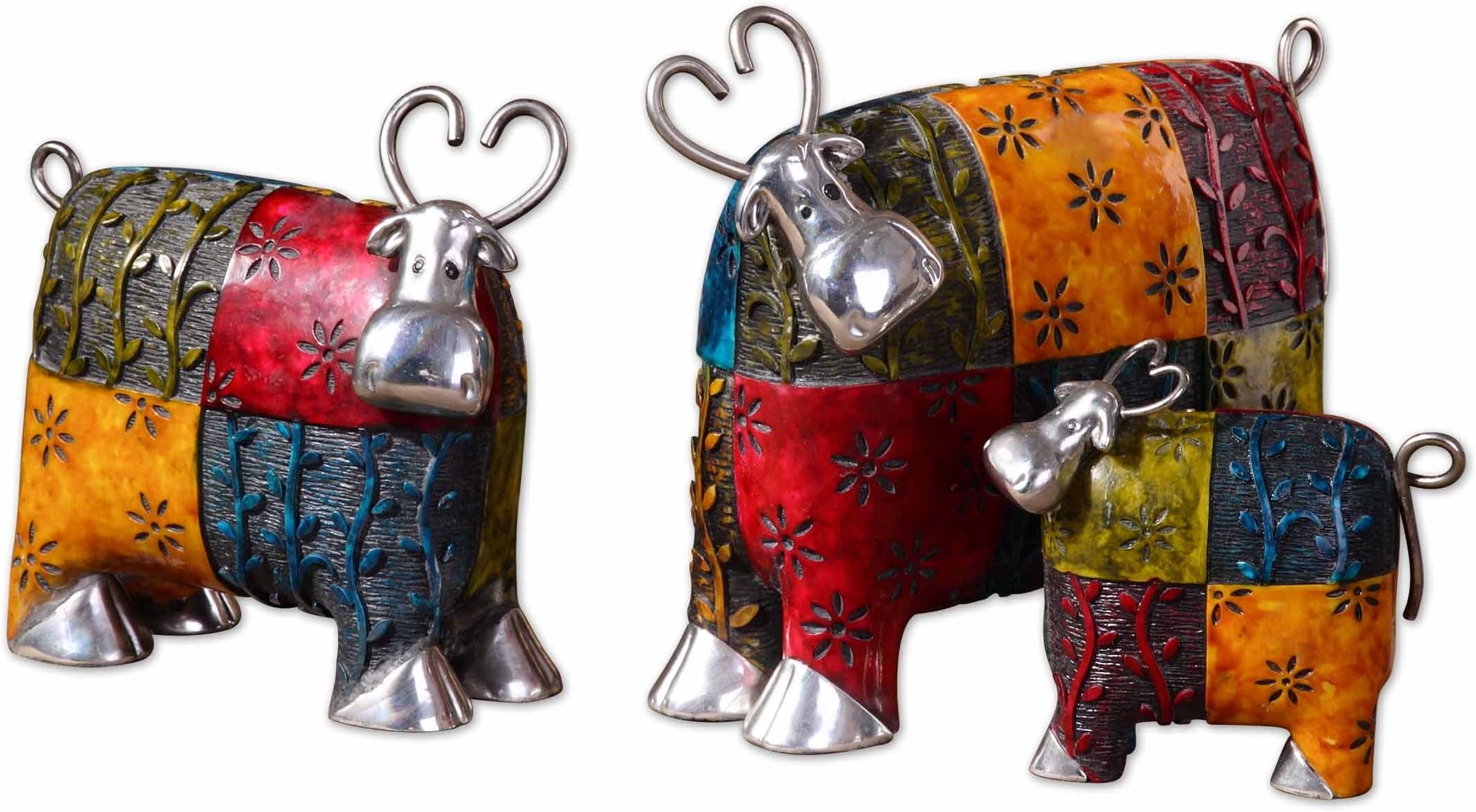 UTMOST MFG Uttermost Colorful Cows Metal Figurines, Set/3 with Multiple Tones of Green, Red, Blue, and Orange