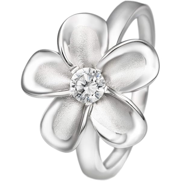 925 Sterling Silver Hawaiian Plumeria Flower Ring – Clear CZ, Rhodium Finish, Sizes 3-12