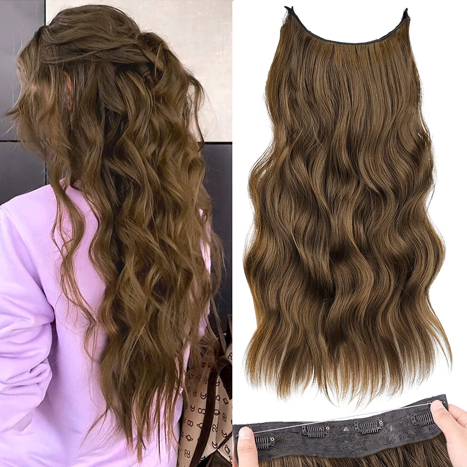 PORSMEER Invisible Wire Hair Extensions with Adjustable Size One Piece Long Wavy Curly Synthetic Hair Pieces with Removable Clips Secret Hair Extension for Women 20 Inch,Natural Chestnut Brown โ image 1