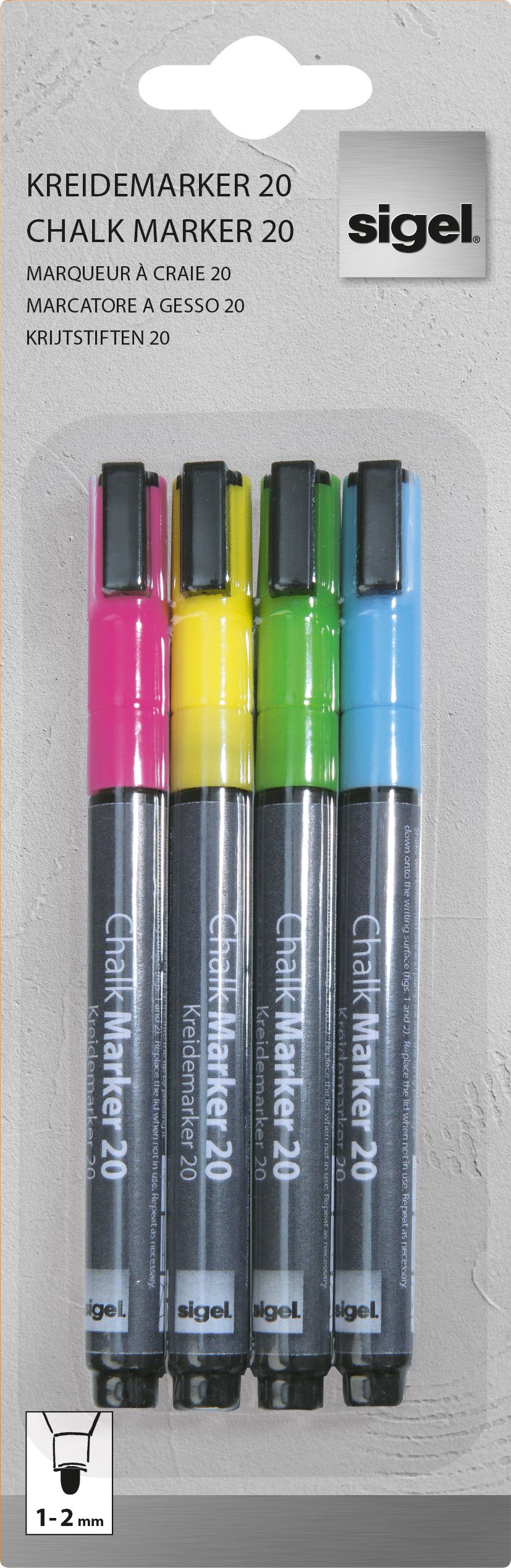 SIGEL BA179 Chalk Marker 20, round-tip 1-2 mm, Pink/Green/Yellow/Blue, 4 Pieces