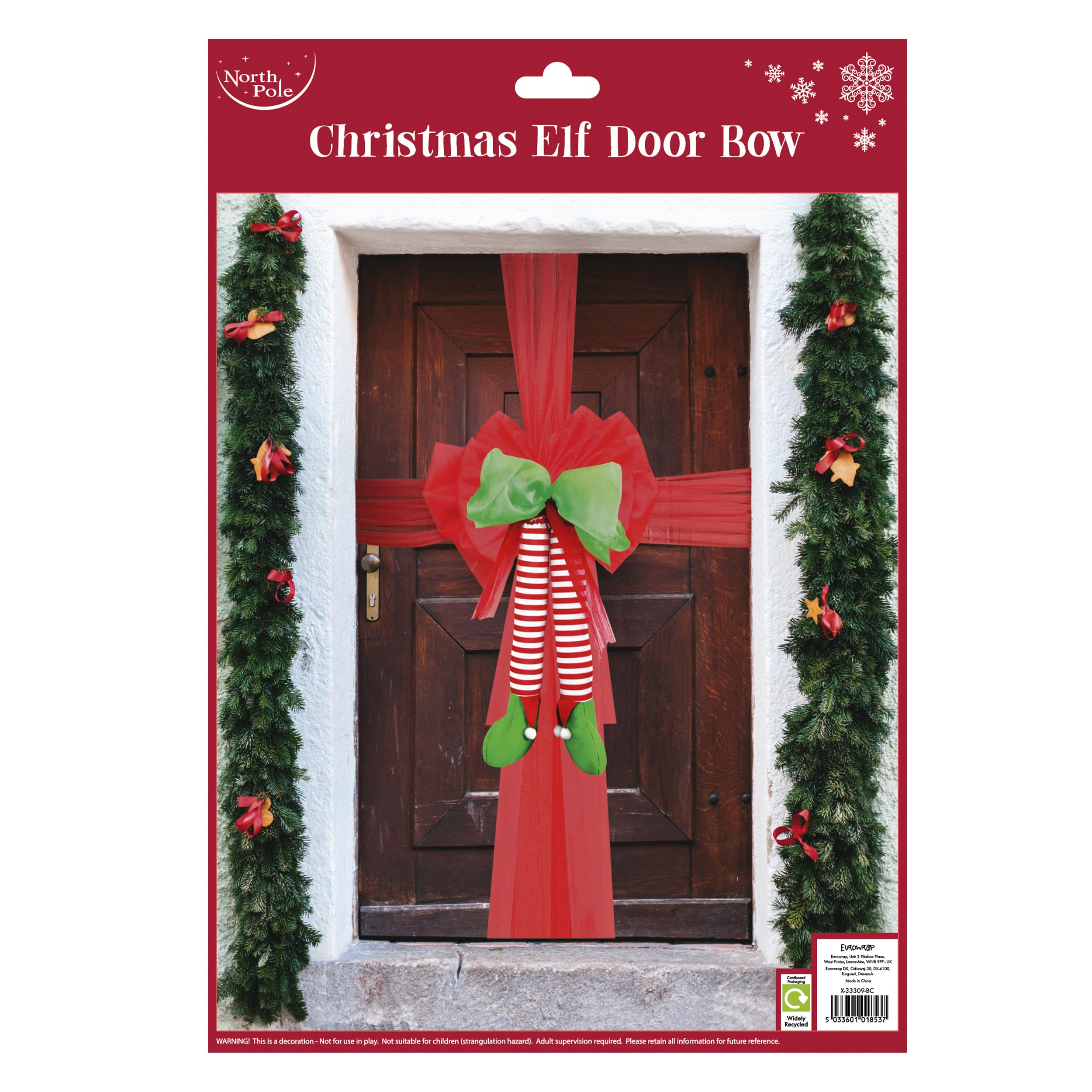 Eurowrap Large Christmas Elf Door Bow Red Green with Hanging Elf Legs Christmas Xmas Door Decoration