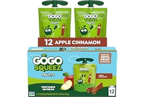 GoGo squeeZ Applesauce and Fruit Puree, Apple Cinnamon, 3.2 oz (Pack of 12), Unsweetened Fruit Snacks for Kids, Gluten Free, Nut Free and Dairy Free, BPA Free Pouches (Packaging May Vary)