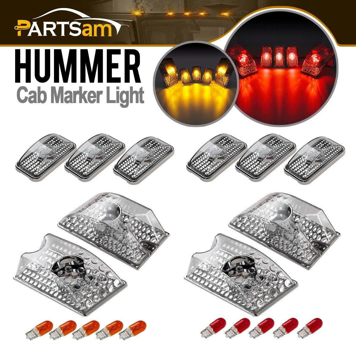 Partsam 10pcs Clear Lens Cab Marker Roof Running Top Crystal Chrome Lights 264160CL Assembly w/(5xRed+5xAmber) T10 194 168 W5W Halogen Bulbs Compatible with Hummer H2 SUV SUT 2003-2009