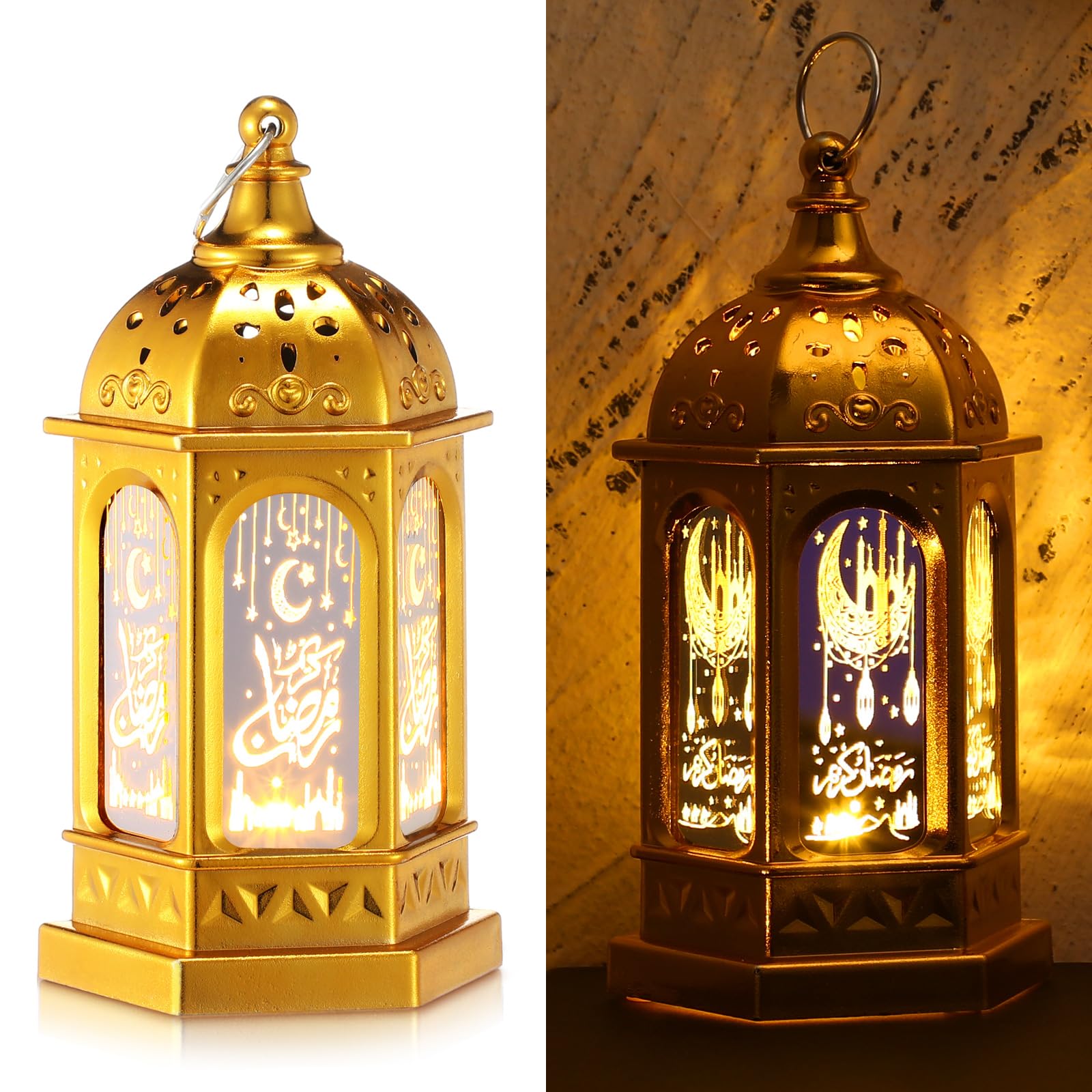Photo 1 of * ONE WORKS, ONE MIGHT NEED NEW BATTERIES * Threan 2 Pcs Ramadan Lantern Lights LED mini Eid Mubarak Lantern Gifts, Ramadan Decorations for Home Table Wall Eid Centerpieces Decor (Gold Moon)
