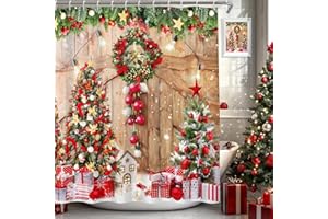 Canessioa Christmas Shower Curtain Winter Christmas Tree Shower Curtains Sets for Bathroom Holiday Xmas Snowflake Farmhouse Wood Barn Door Bathroom Decor 72x72 in with 12 Hooks