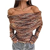 MakeMeChic Women's Striped Sweater Off The Shoulder Long Sleeve Tops Y2k Fuzzy Going Out Tops