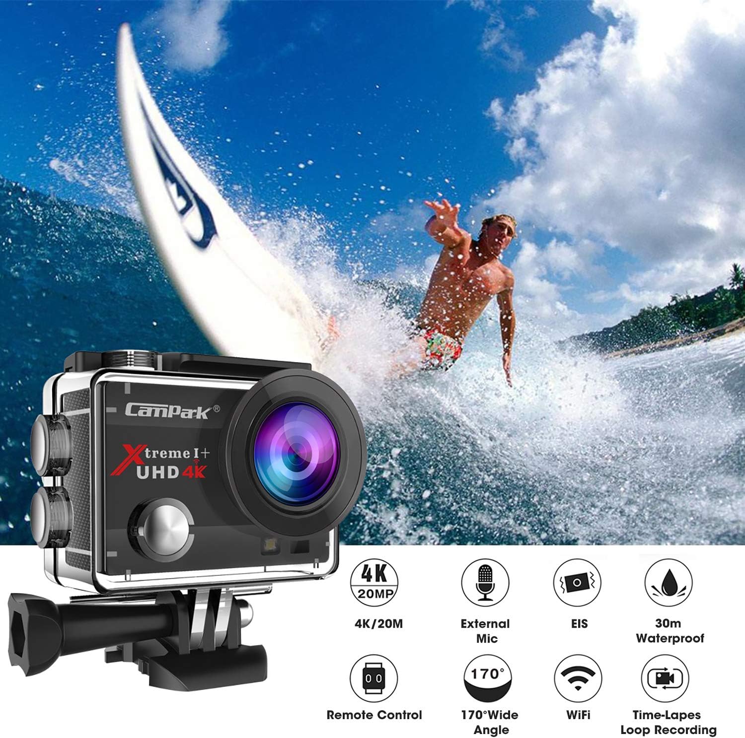 【2020 Upgrade】Campark 4K 20MP Action Camera EIS External Microphone Remote Control WiFi Waterproof Camera with 170° Wide Angle and 2 Batteries : Camera & Photo