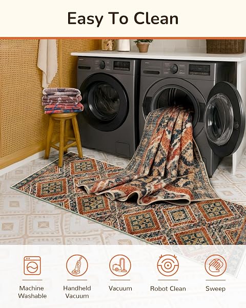 AREA RUG 6X9 RUG MACHINE WASHABLE NON-SLIP LOW PILE PRINT PATTERN WESTERN RUG FALL RUG FOR LIVING ROOM BEDROOM ENTRYWAY TRIBAL SERIES -ORANGE/BROWN