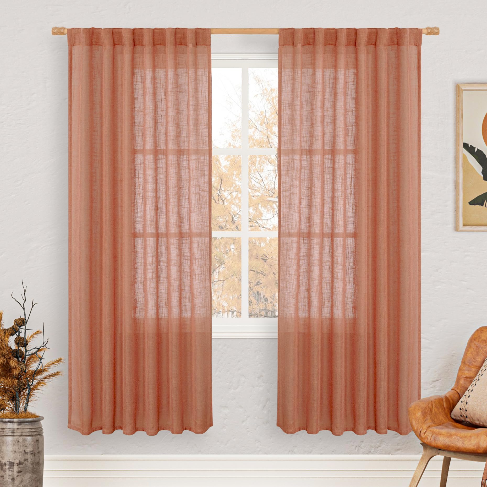 Photo 1 of LAMIT Terracotta Linen Boho Curtains 78 inch Length 2 Panels, Light Filtering Semi Sheer Panels Back Tab and Rod Pocket Neutral Panels for Bedroom/Living Room, 52 x 78 Inch