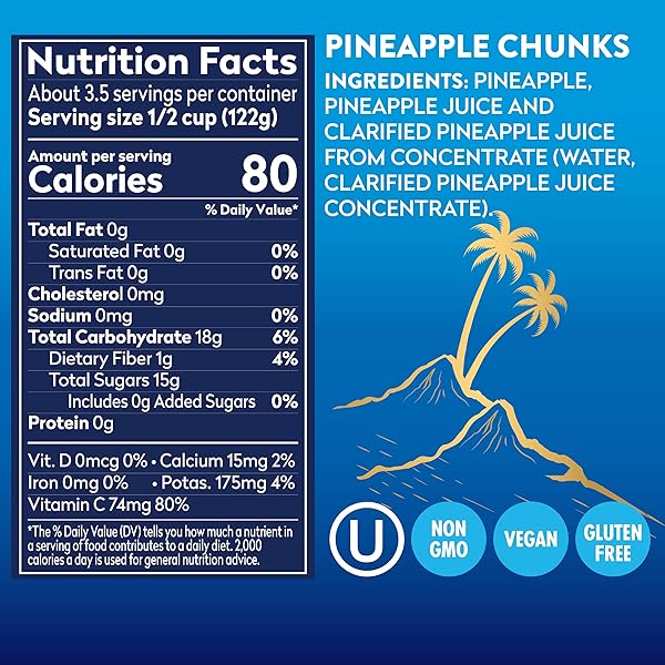 DOLE CANNED FRUIT, TROPICAL GOLD PINEAPPLE CHUNKS IN 100% PINEAPPLE JUICE, GLUTEN FREE, PANTRY STAPLES, NO SUGAR ADDED, 15.25 OZ