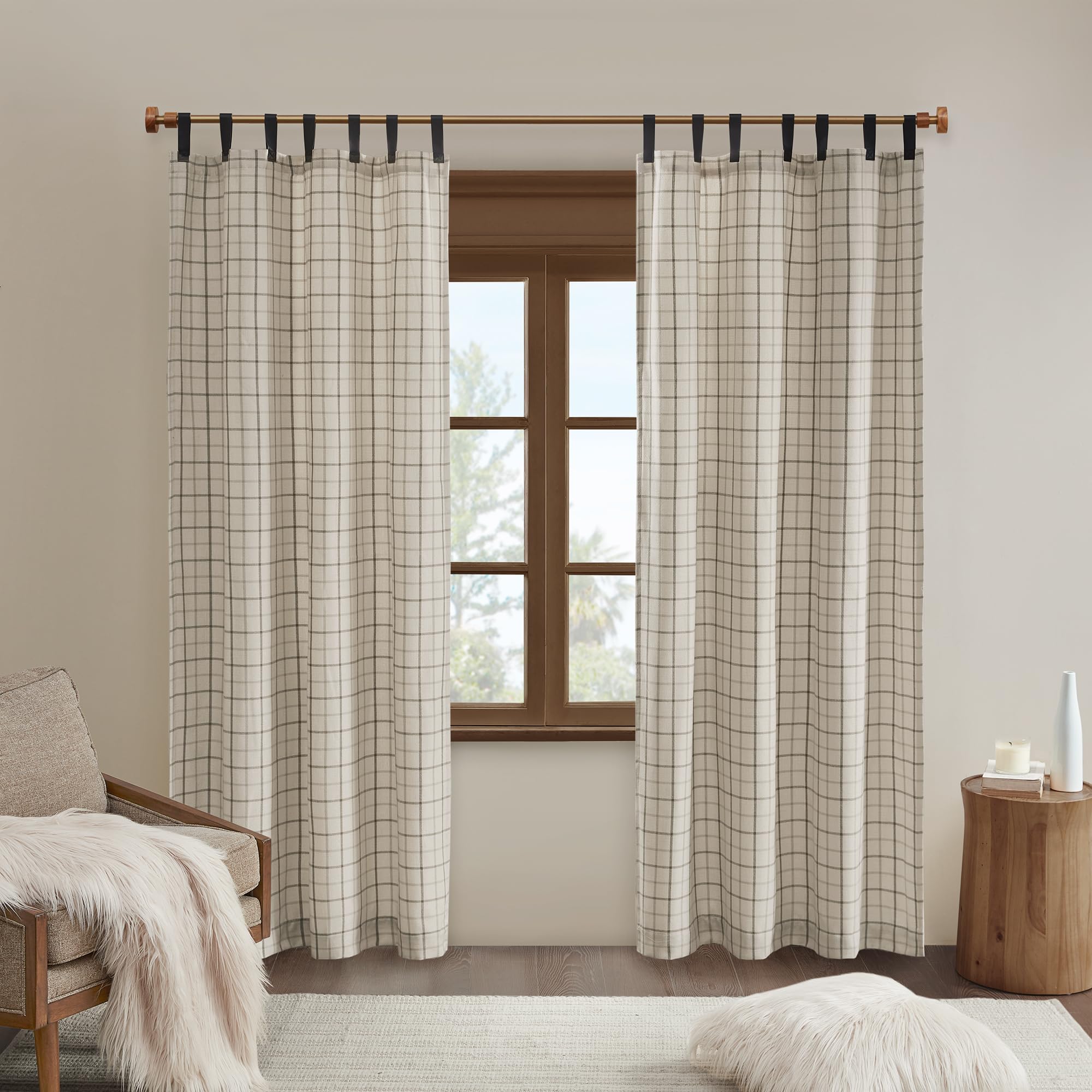 Madison Park Anaheim Cabin Plaid Curtain Window, Thermal Insulated Fleece Lining, Living Room Decor Room Darkening Drape for Bedroom, 1-Single Panel Pack, 50x108 Faux Leather Tab, Natural Image