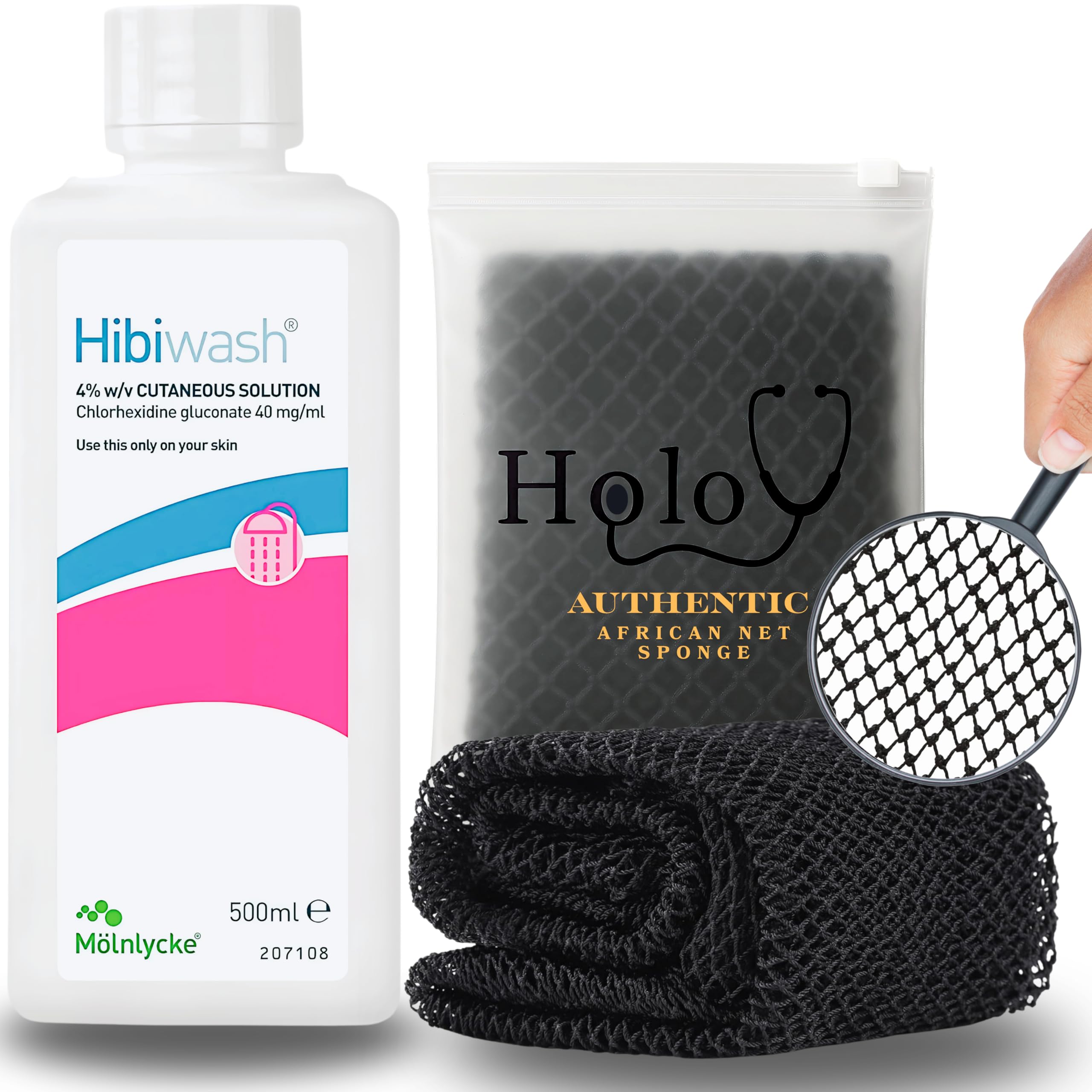 Hibiscrub now Hibiwash 500ml Antimicrobial Skin Cleanser & African Net Sponge – Hibi scrub a Must-Have Kit for Deep Cleansing, Exfoliation, and Infection Prevention! (Also known as Hibiclens)