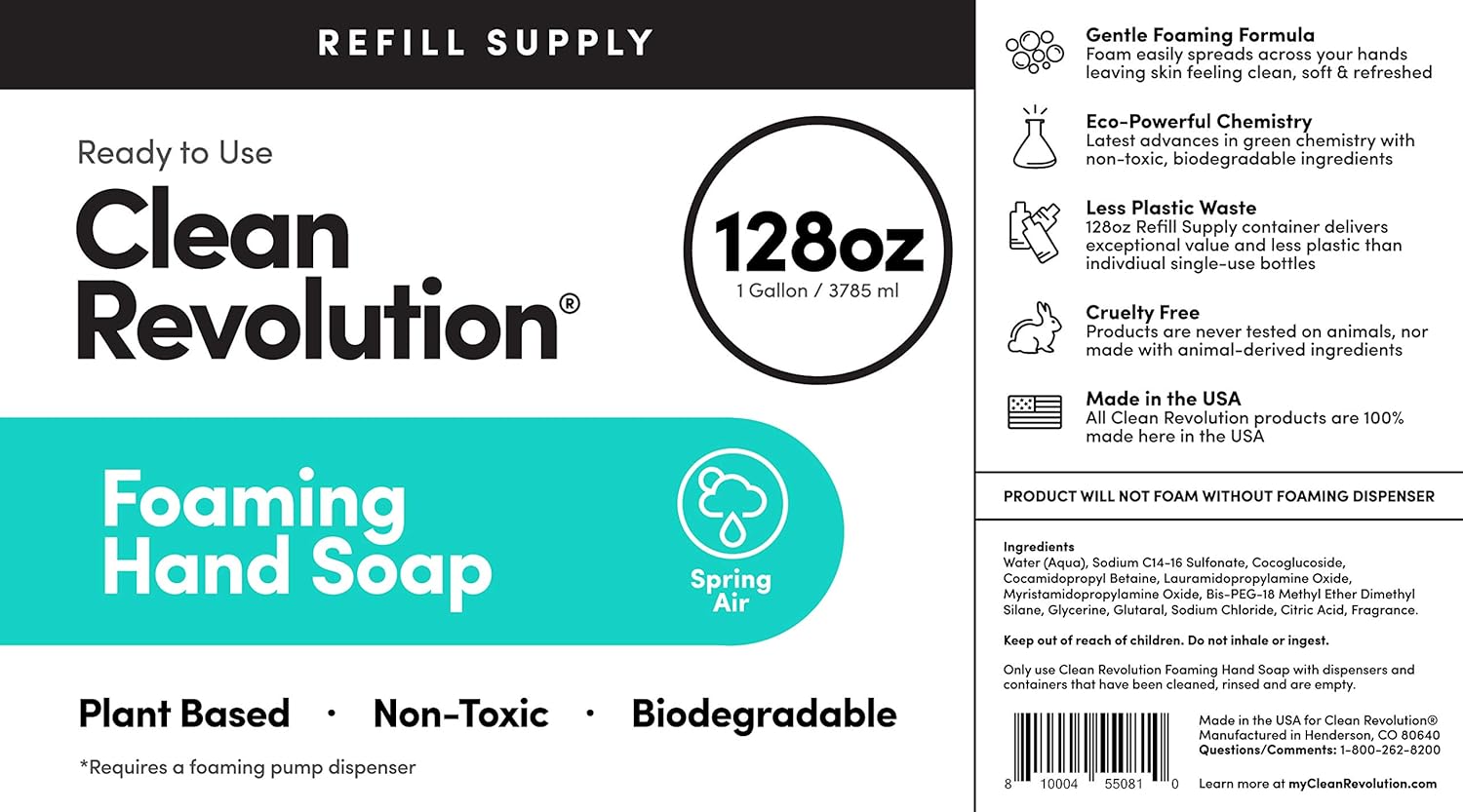 Clean Revolution Foaming Hand Soap Refill Supply Container. Ready to Use Formula. Spring Air Fragrance, 128 Fl. Oz: Health & Personal Care