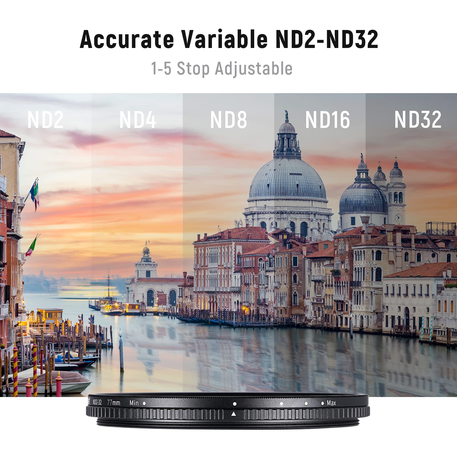 NEEWER 77mm Variable ND Filter ND2-ND32(1-5 Stops) Adjustable Neutral Density Filter/No X Cross/Ultra Slim Aluminum Alloy Frame/Optical Glass/Multi Layer Nano Coated/Water Repellent/Scratch Resistant