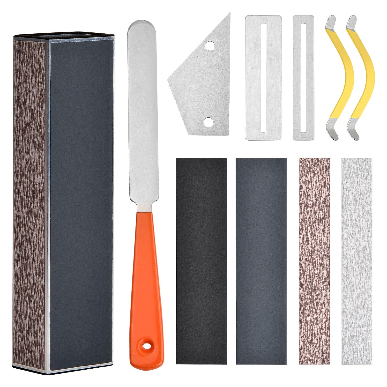 Bhoulandi 11 Pcs Professional Guitar Luthier Tool Kit, Fret Crowning File, Fret Rocker, Fret Sanding Leveler Beam, 2 Fingerboard Guards, 2 Guitar String Separator, 4 Sandpaper for Guitar Bass