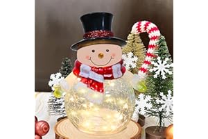 QUELIEN Christmas Decorations Indoor, Crackle Glass with LED Lights Christmas Snowman Home Decor, Christmas Table Decorations Lighted Globes with Timer for Mantel Fireplace Tabletop,Gift for Her, Girls