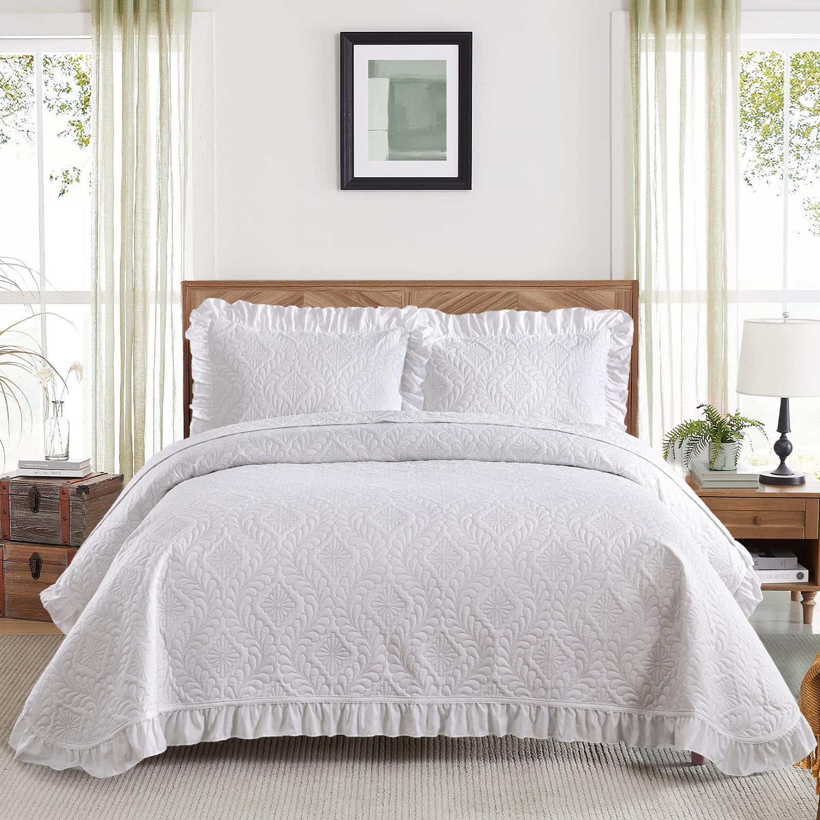 Photo 1 of DJY White King Size Quilt Bedding Sets, Lightweight Soft Bedspread King Set 3 Pieces, Quilted Blanket Comforter Bed Cover for All Season (1 Quilt, 2 Pillow Shams)