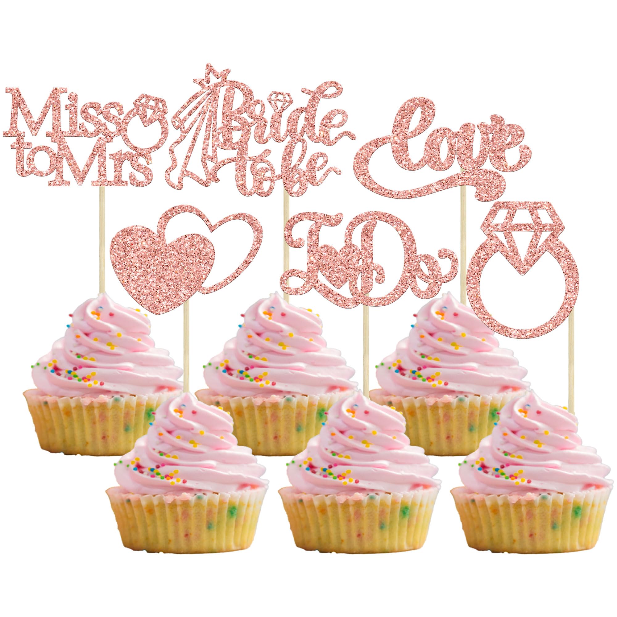 Gyufise 24Pcs Bride to Be Cupcake Toppers Rose Gold Glitter I Do Love Heart Ring Miss To Mrs Cupcake Picks Bridal Shower Cake Decorations for Wedding Engagement Bachelorette Party Supplies