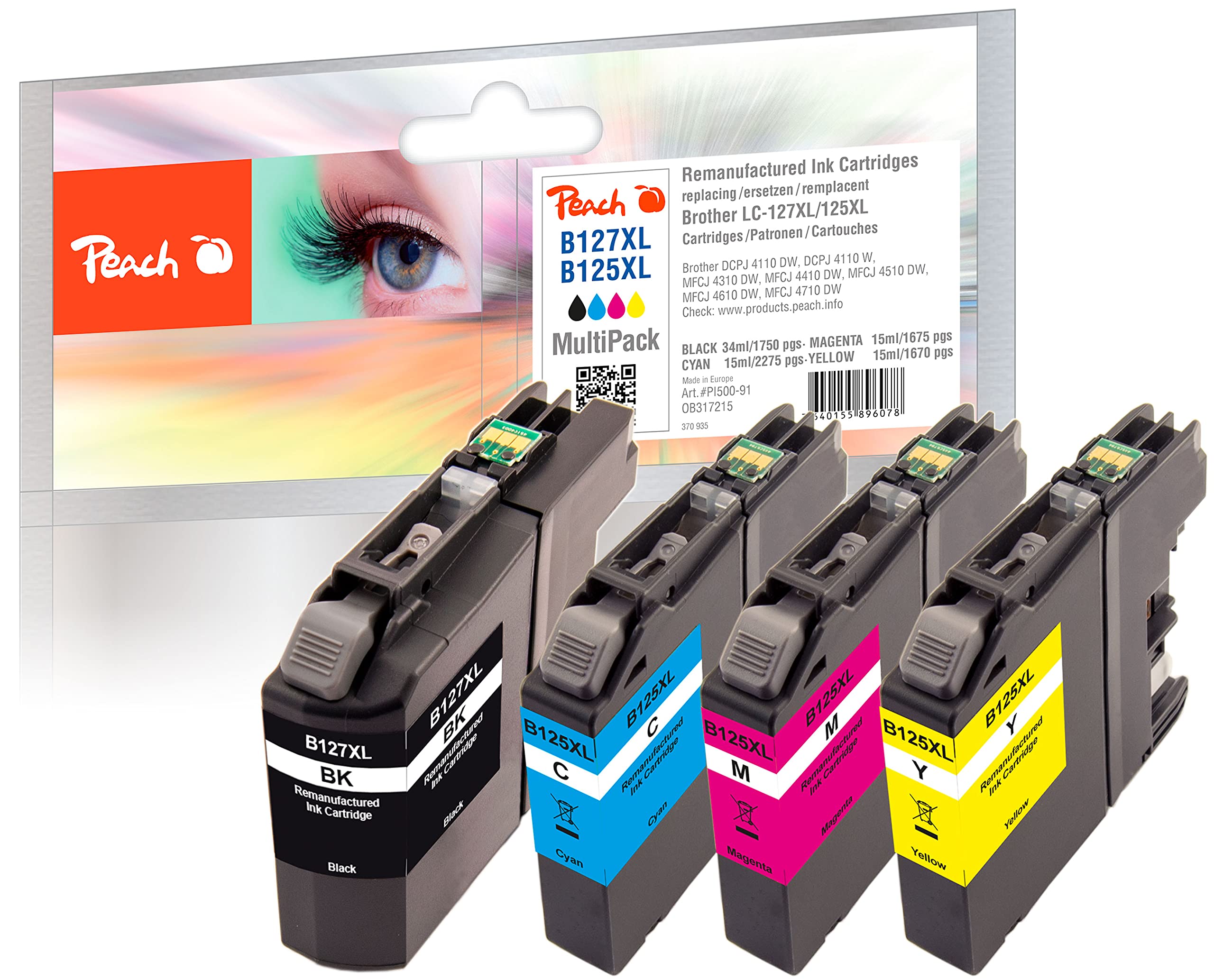 Peach Pi 500-91 Value Pack Ink Cartridges Compatible with Brother LC - 125XL LC - 127XL