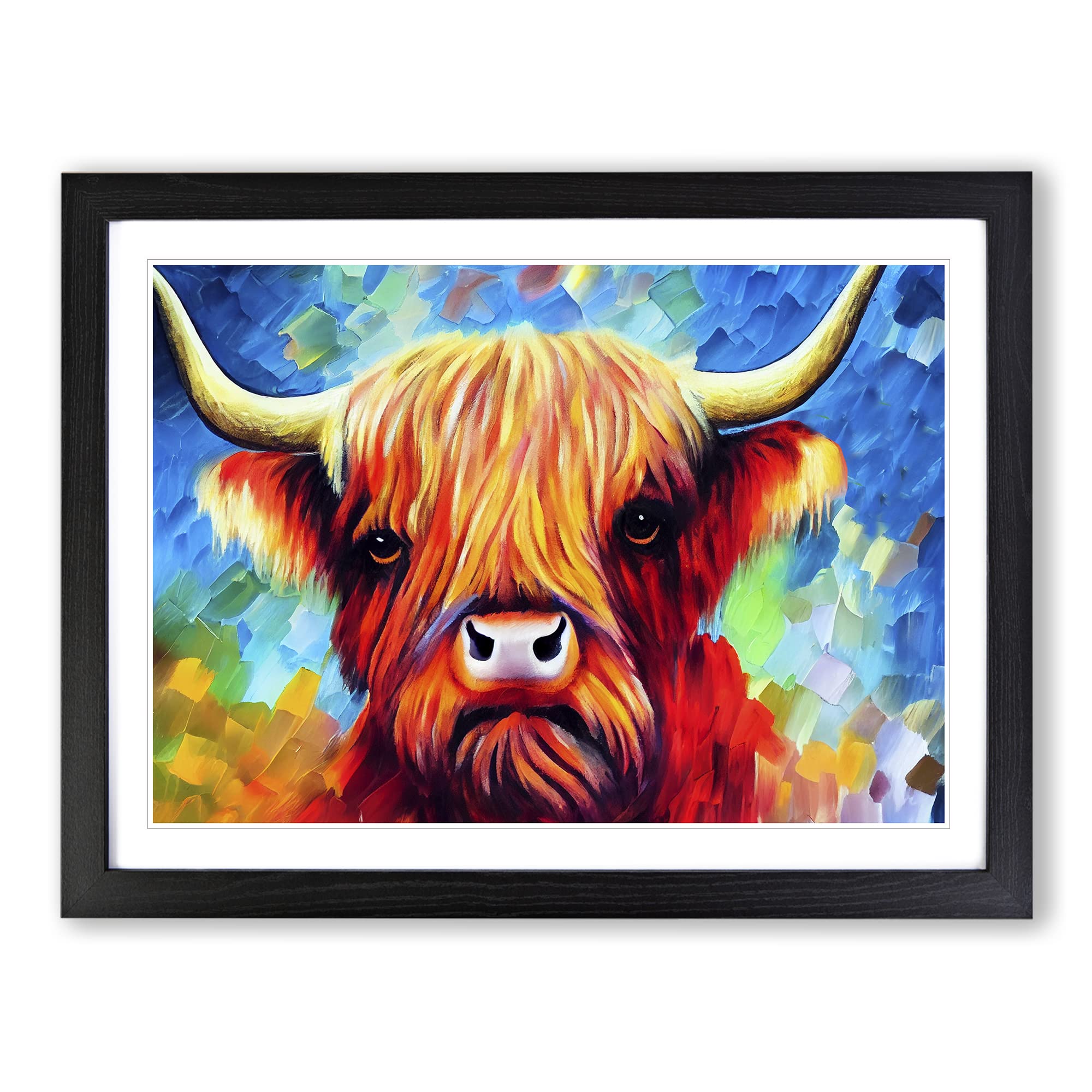 Highland Cow Painting Vol.3 Abstract BLK Framed Print | A4 Black Framed Wall Art | Ready to Hang | Abstract Animal Picture | Living Room Bedroom Lounge Office