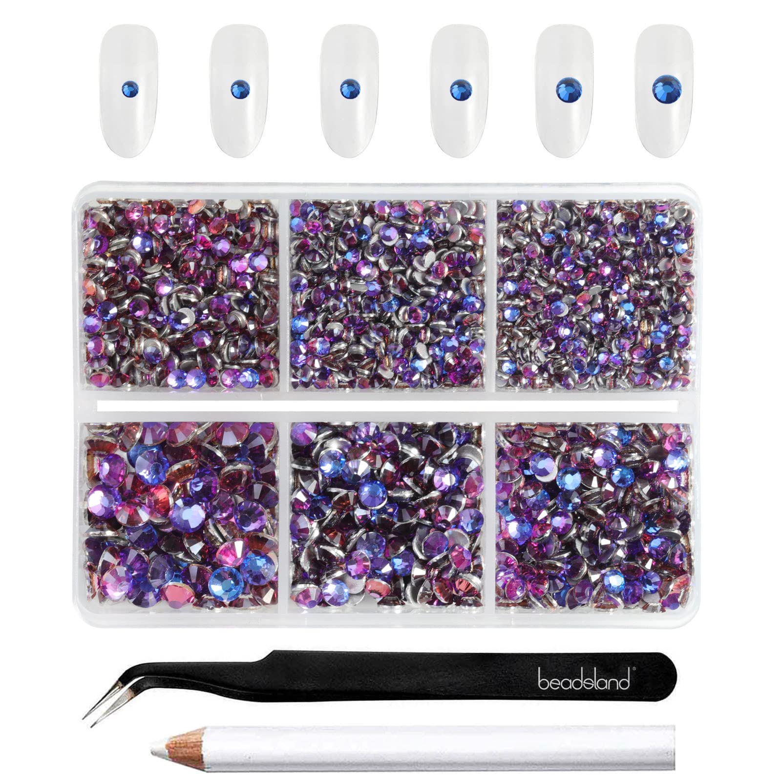 Beadsland 4300pcs Flatback Rhinestones,Purple Rhinestones Nail Gems Round Crystal Rhinestones for Crafts,Mixed 6 Sizes with Picking Tweezers and Wax Pencil Kit, SS6-SS20,Purple Velvet
