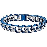 Men's Stainless Steel Cuban Link Chain Bracelet and Chain Necklace - Bold Blue Finish - Choice of Length