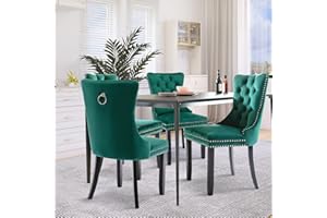 SoarFlash Velvet Dining Chairs Set of 4, Tall Back Side Chair, Modern Upholstered High-end Tufted Side Chair with Button Back Ring, Solid Wood Legs (Green)