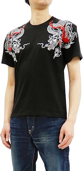 Amazon 花旅楽団 St 805 Tシャツ 炎龍 刺繍 メンズ 和柄 半袖tee ブラック Tシャツ カットソー 通販