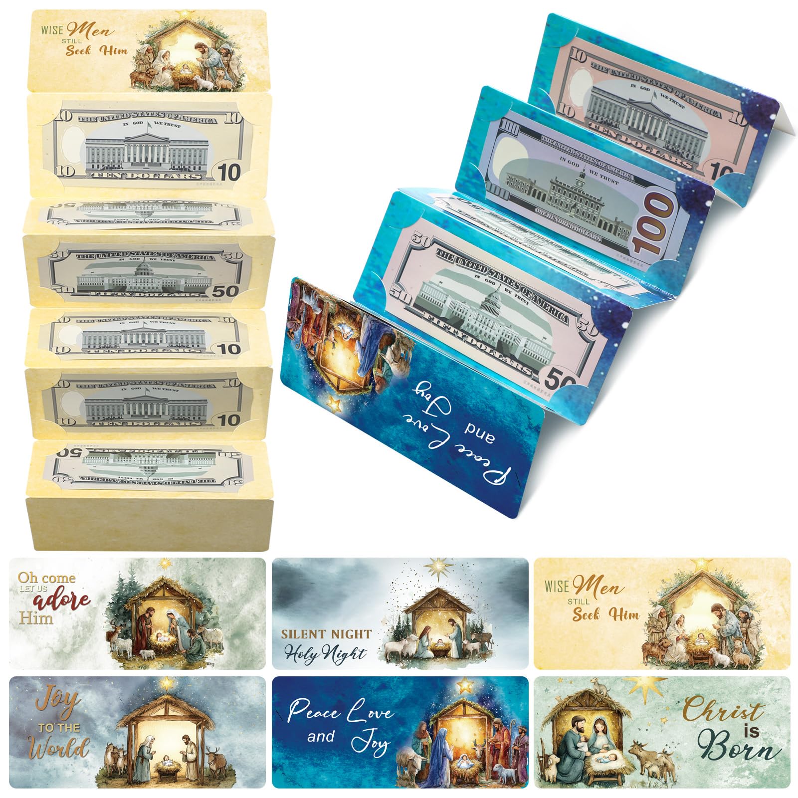 Photo 1 of Bulyoou Christmas Surprise Money Holder with Envelopes 6.88x2.95 Christmas Nativity Money Cash Present Birthday Gift Check Holder Xmas Nativity Party Favor 6 Festive Designs Holiday with 10 Slots