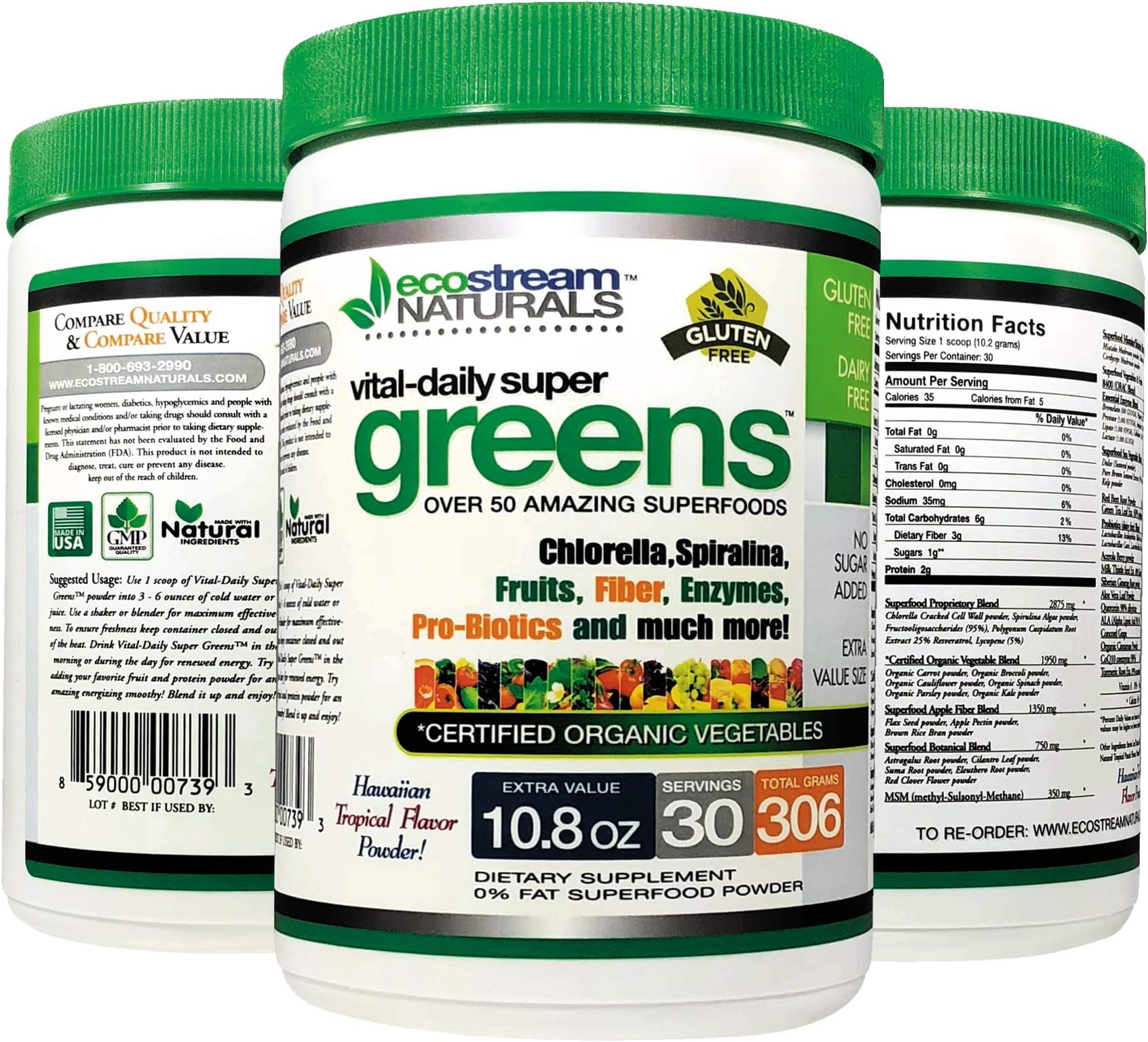 Green Veggie Superfood Powder by Ecostream Naturals - 50 Whole Super Foods with Spirulina, Chlorella, Flax Seed, Fiber and Enzymes with Organic Vegetables - 30 Servings