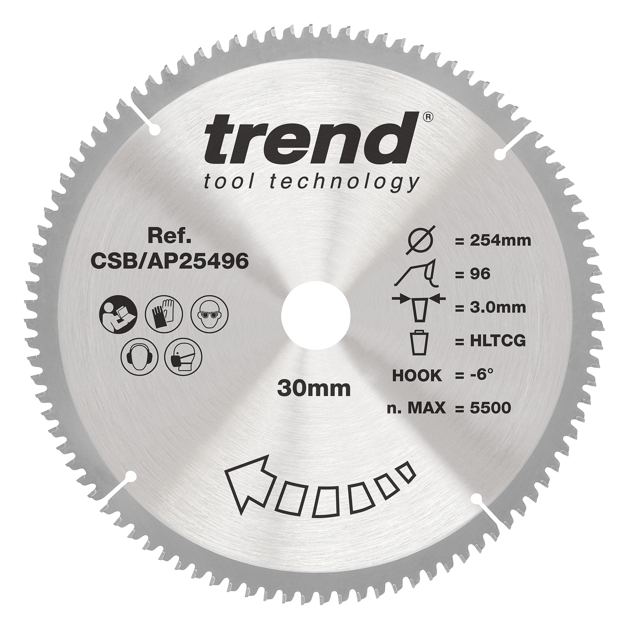 Trend Aluminium & Plastic Circular Saw Blade, 254mm Diameter, 30mm Bore, 96 Teeth, 3mm Kerf, -6° Hook, TCT, Extra-Fine Finish, CSB/AP25496