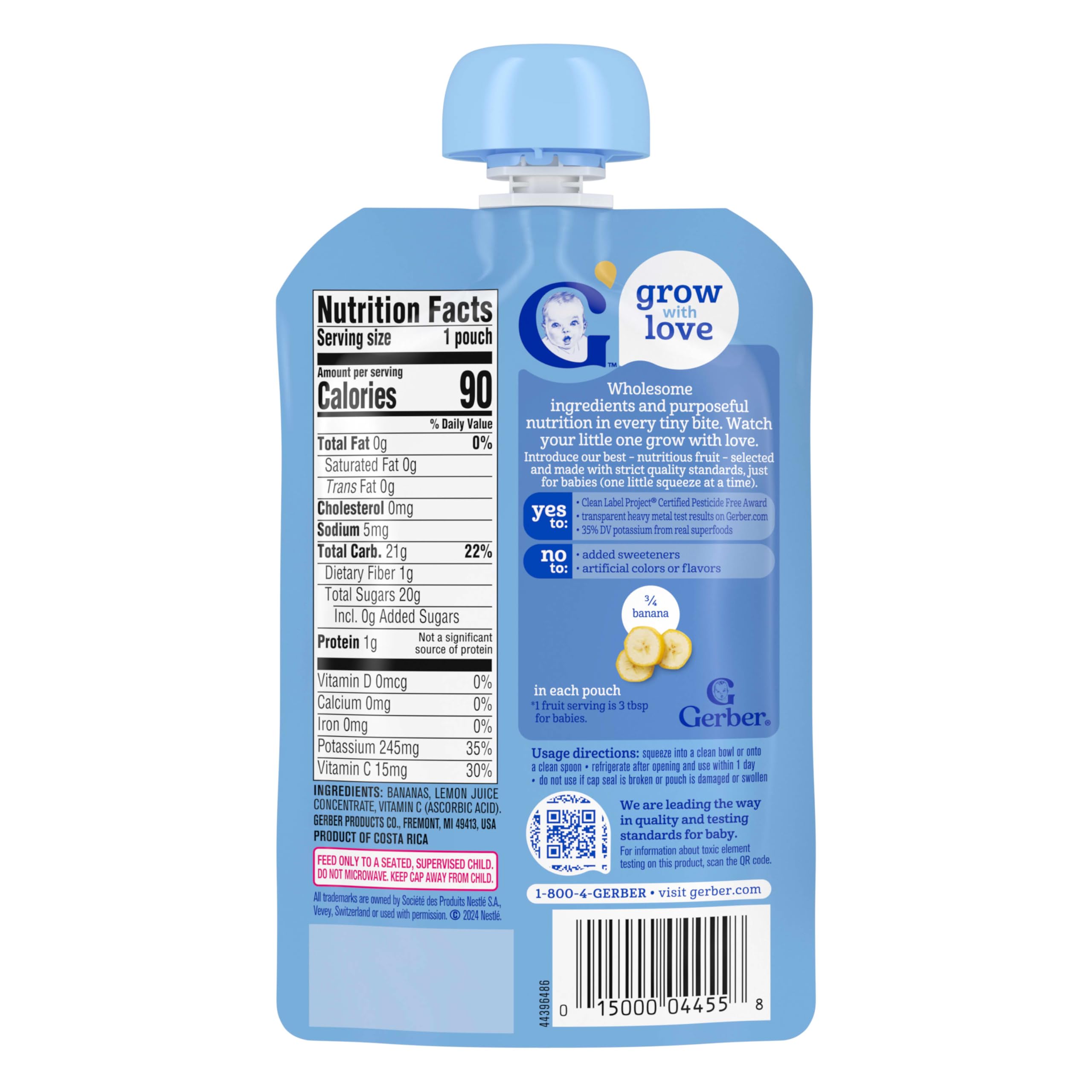 Gerber Stage 2 Baby Food, Banana Puree Pouch, 2 Servings of Fruit, No Added Sweetener, No Artificial Colors or Flavors, 12-Pack