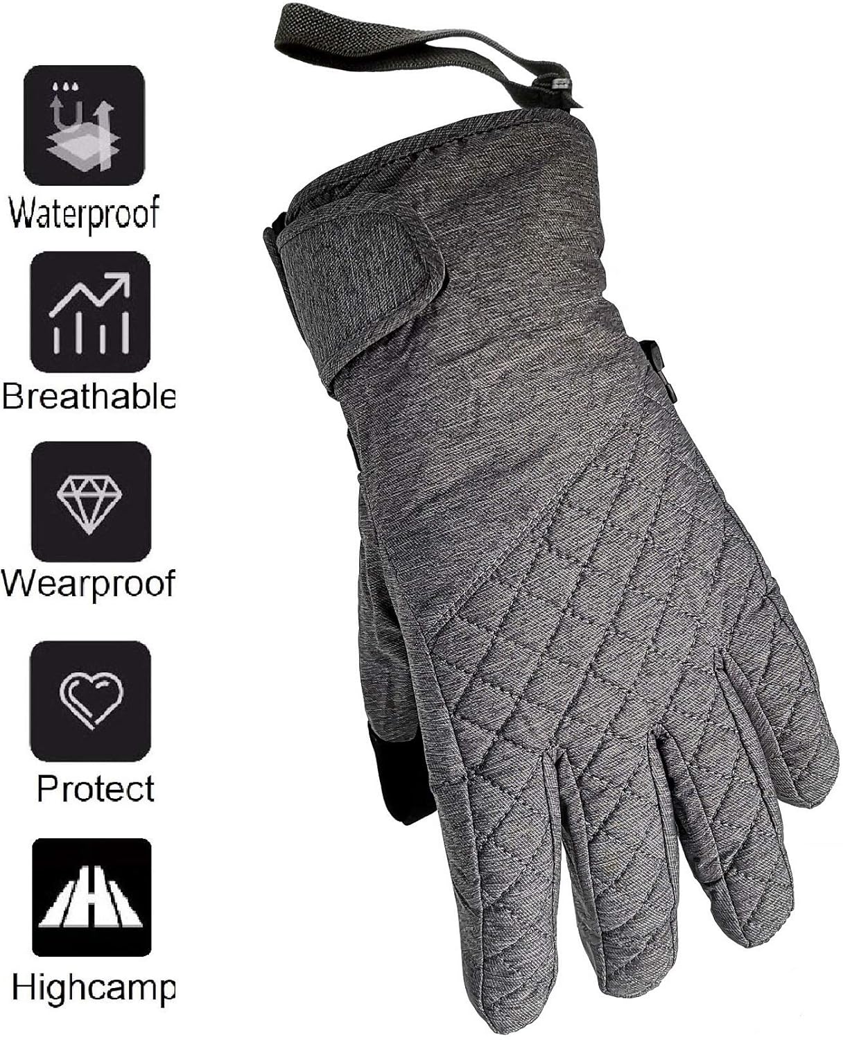 HIGHCAMP Winter Ski Snow Mittens for Women - Warm Waterproof Gloves with Drawstring for Cold Weather - Snowboarding, Skiing, Shoveling & More Outdoor Sports : Clothing