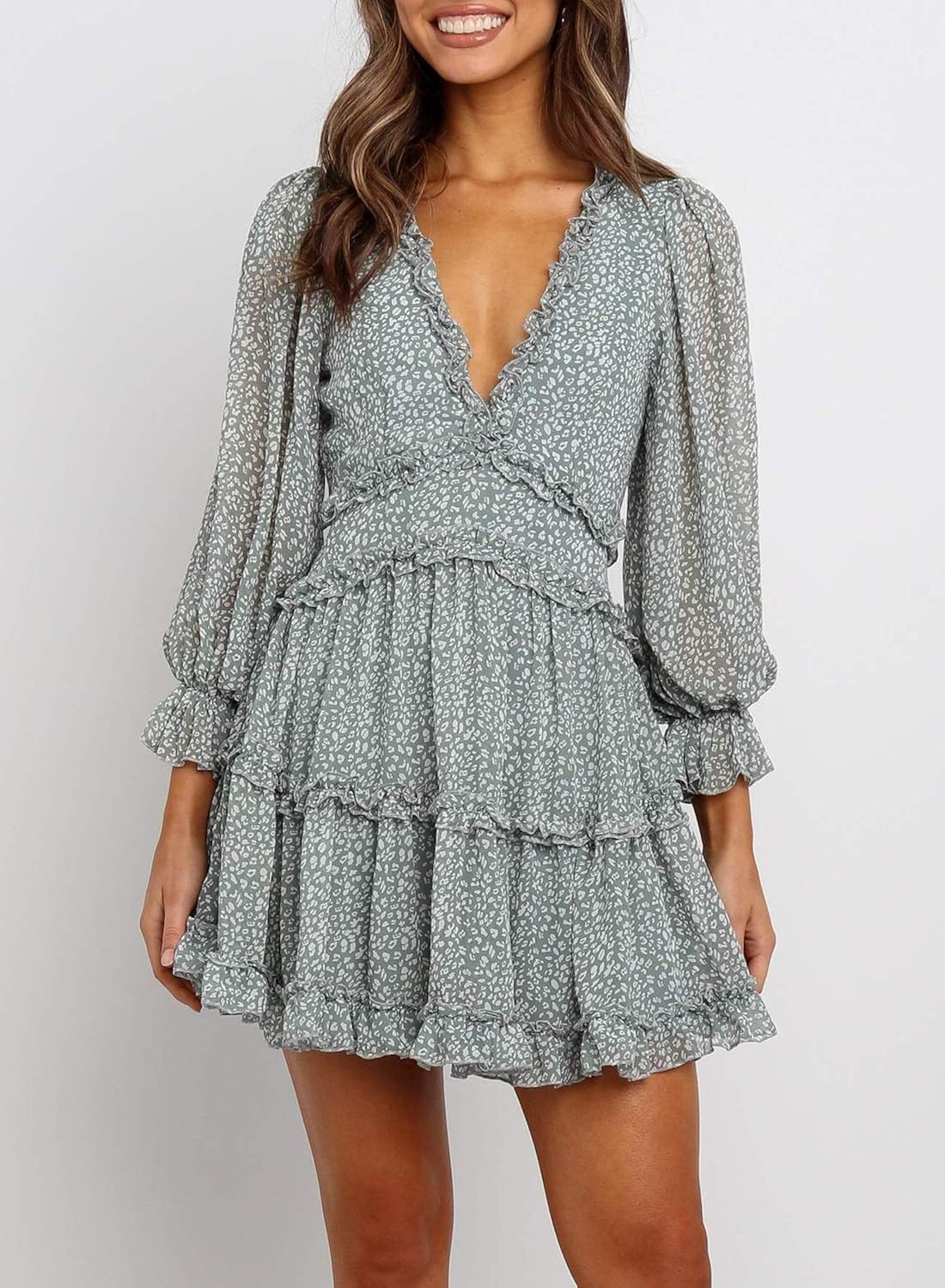 Happy Sailed Women Long Sleeve Ruffle Layer Backless Swing Mini Dresses: Clothing
