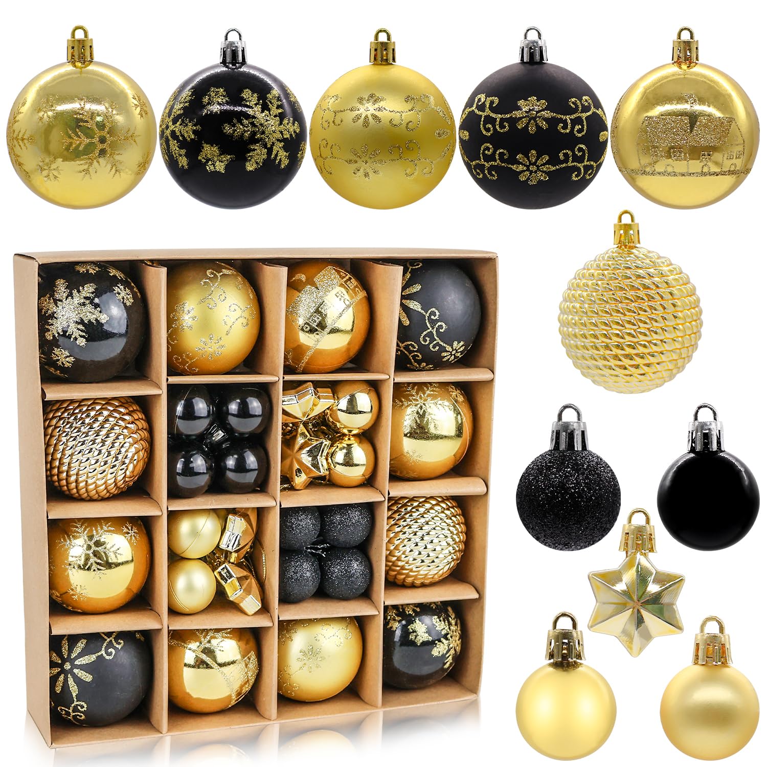 44 PCS Christmas Tree Decorations Baubles Set, Hanging Ball Ornaments for Christmas Halloween Decoration, Black Gold Baubles
