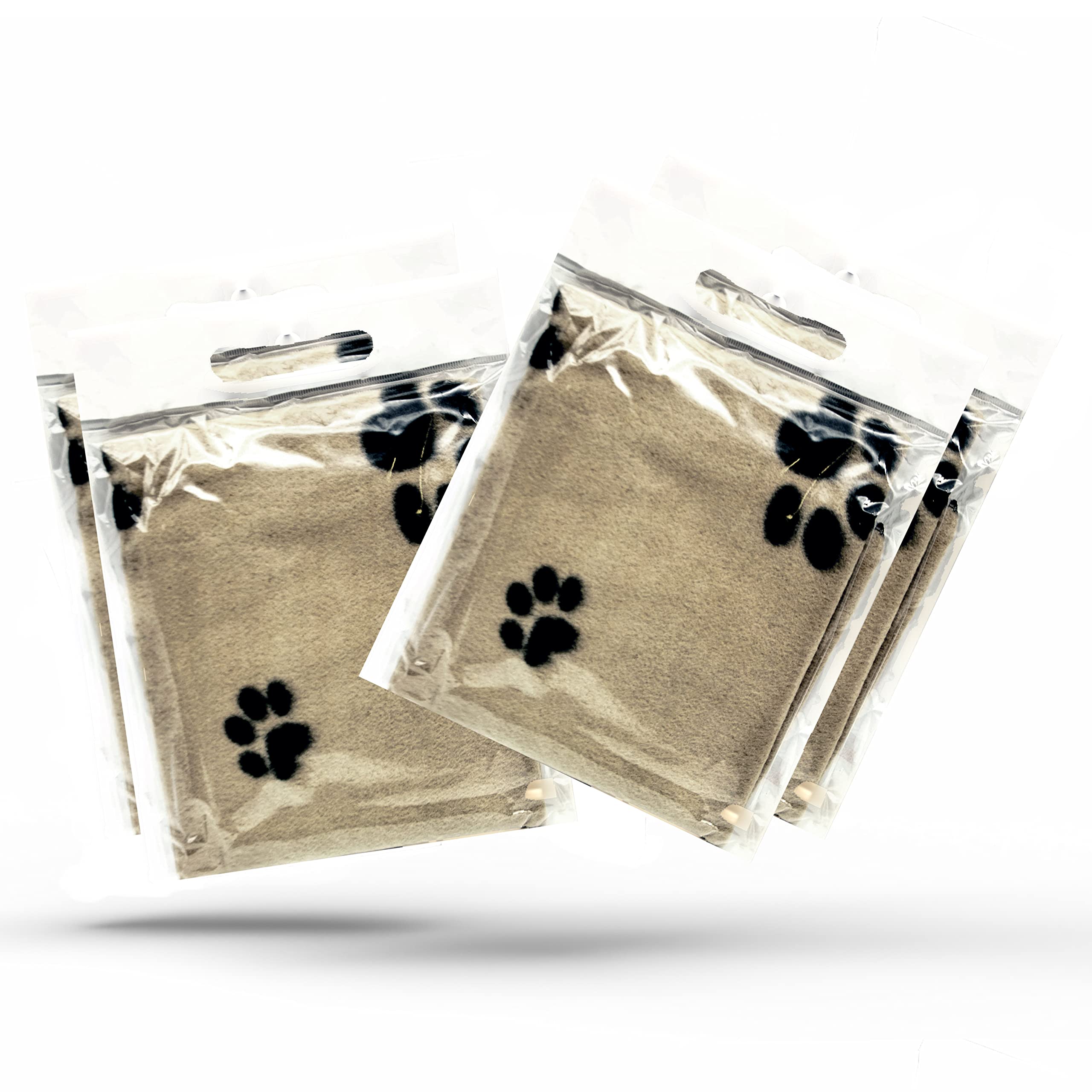 4 X Dog Blankets Washable With Paw Prints Dog Blanket | Cat Blanket | Soft Warm Dog Fleece Animals Pet Blanket Puppy Blanket Bed Travel Pack (Beige, 70cm X 73cm (Pack of 4))