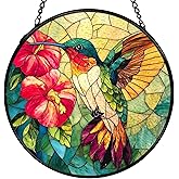 XFCICRLJ Hummingbird Suncatcher Stained Glass Window Hanging, Hummingbird Flower Sun Catchers Indoor Window Glass Wall Art Decor, Bird Wall Hanging Decor Decorations, 7.9x7.9 Inch 038-MH-BLGH