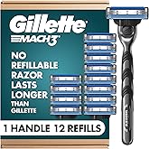 Gillette Mach3 Shaving Razor for Men, Razor Handle, 12 Blade Refills