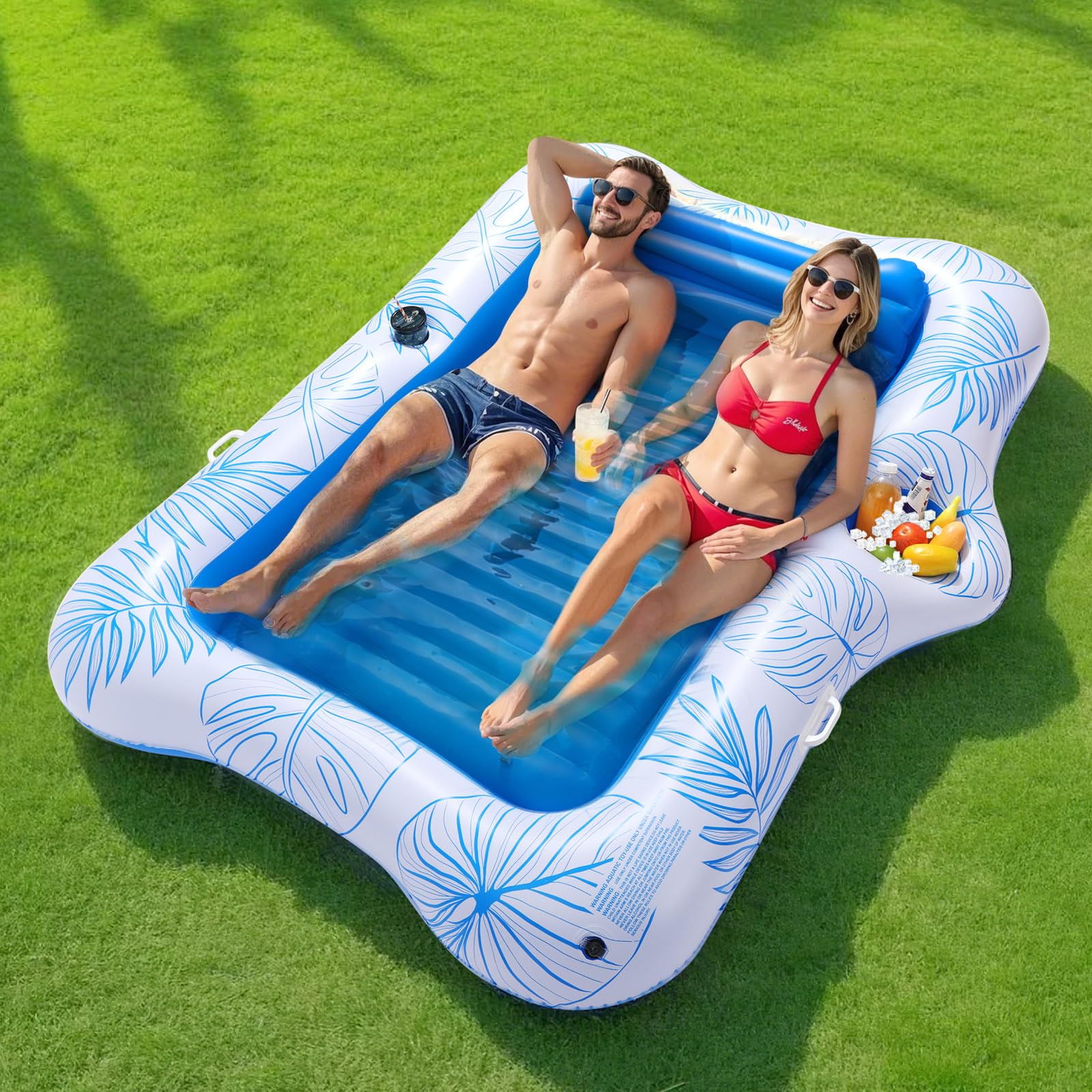 MoKo Pool Floats Adult, 84" x 58" Large Floating Bed with Ice Bar, Tanning Chair Inflatable Lounger with Drink Holder Pool Raft Tanning Bed Inflatable Pool Toys for Party Beach Backyard, Blue Leaf