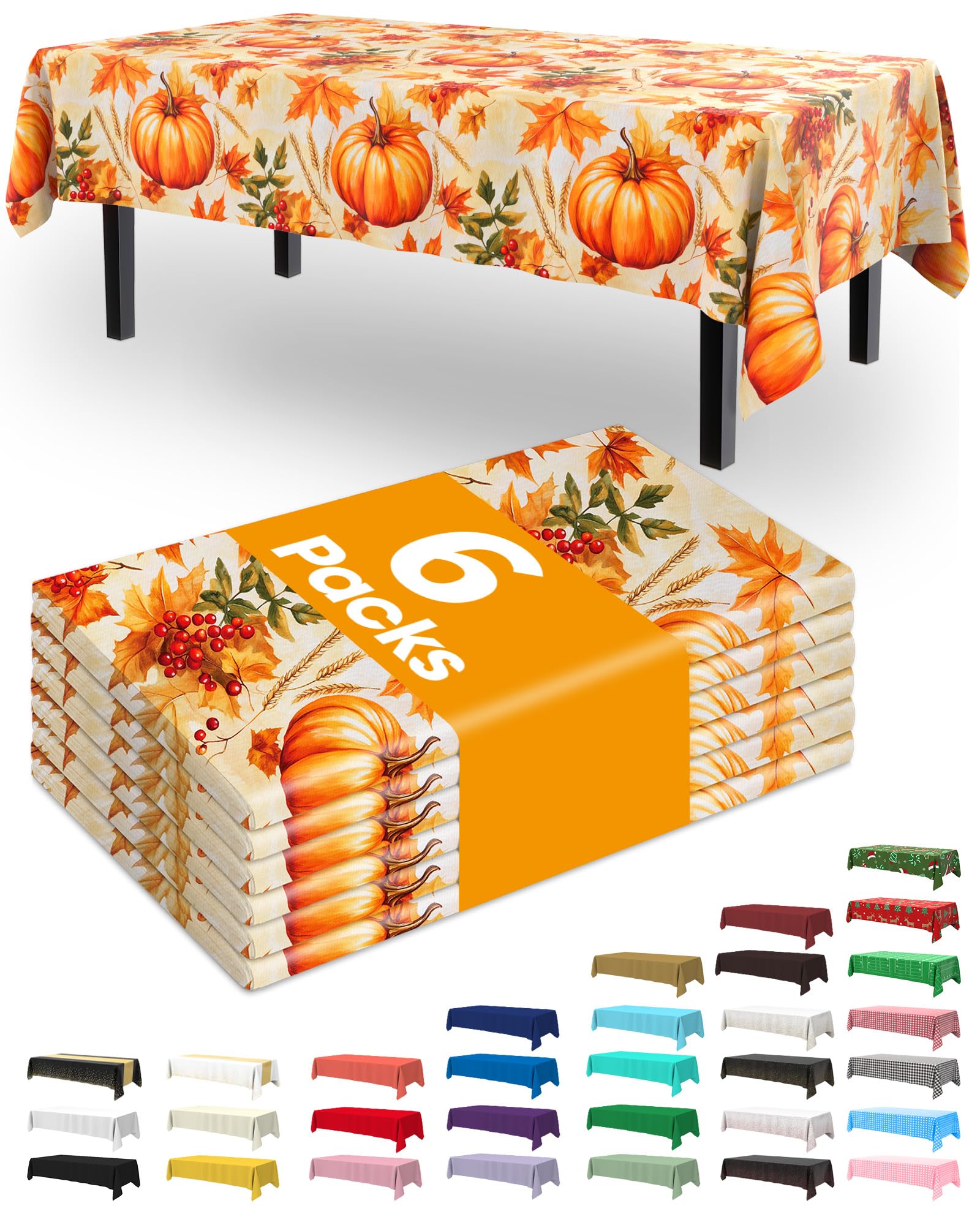 Pureegg Thanksgiving Tablecloths 6 Pack, 54 x 108 Inch, Pumpkin Harvest | Plastic Table Cloth Disposable,Thanksgiving Decorat