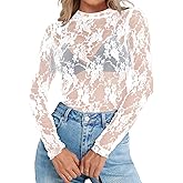 Elesomo Womens Mesh Short/Long Sleeve Tops Mock Neck See Through Shirts Floral Lace Blouses