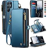 Defencase for Galaxy S25 Ultra Case Wallet with RFID Blocking Card Holder for Women Men, PU Leather Magnetic Snap Flip Wristlet Strap Zipper Wallet Phone Cases for Samsung Galaxy S25 Ultra 6.9", Blue