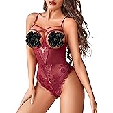 Avidlove Women's Sexy Lingerie One Piece Bodysuit Floral Lace Teddy Mini Babydoll Wine Red