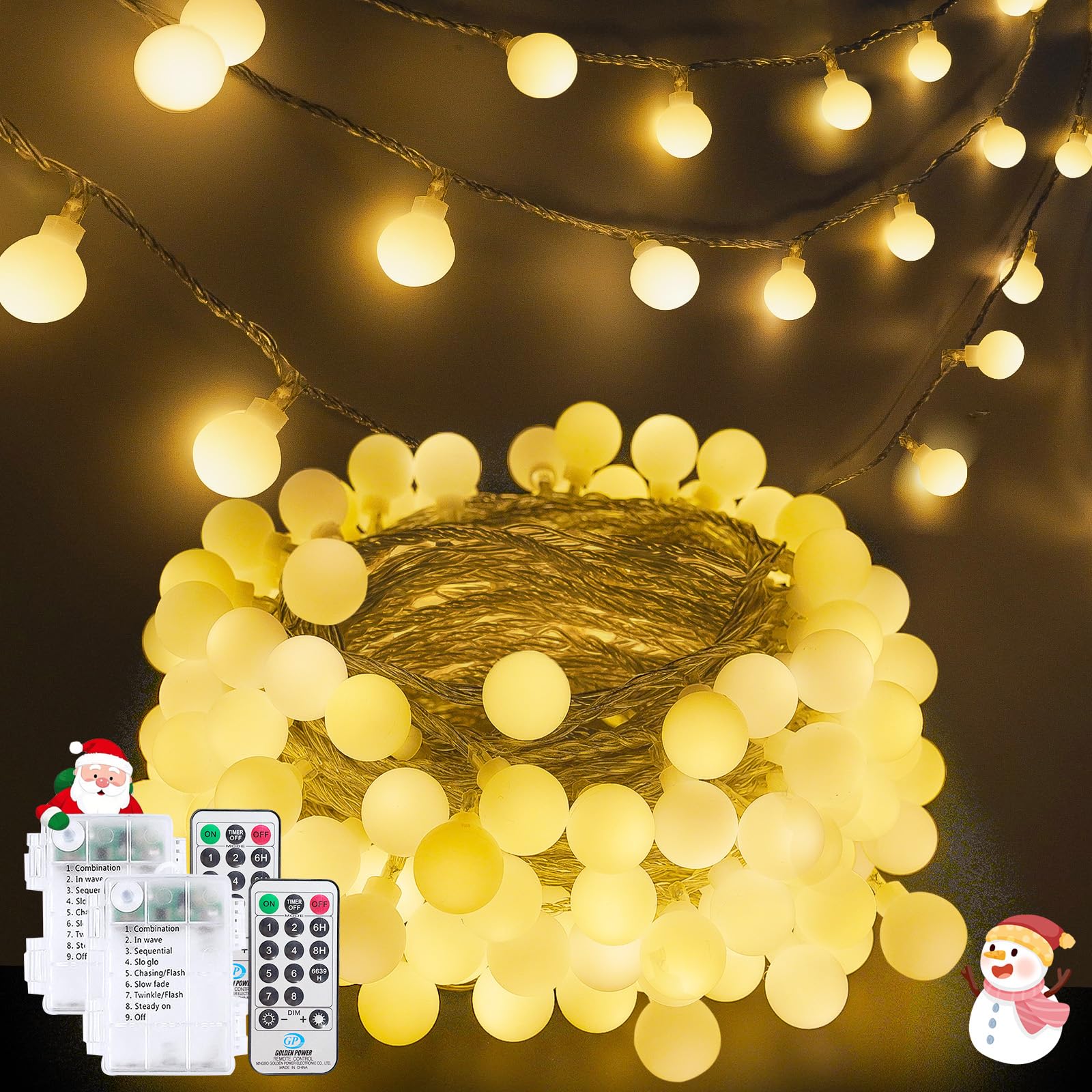 Photo 1 of 2 Pack Battery Operated String Lights - 52FT 120 LED Globe Fairy Lights with Remote, Waterproof Christmas Light Indoor Outdoor 8 Modes with Timer for Bedroom Classroom Dorm Christmas Decor, Warm White